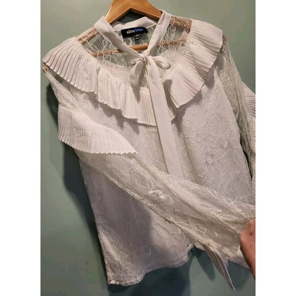 New White Chiffon Lace Ruffle Bow Neck Artsy Western Button Up Top Sz M - Picture 4 of 10